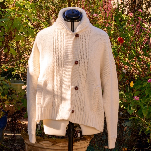 Madewell Sweaters - Madewell collegiate varied-knit merino-blend cardigan, fold-over collar, leather